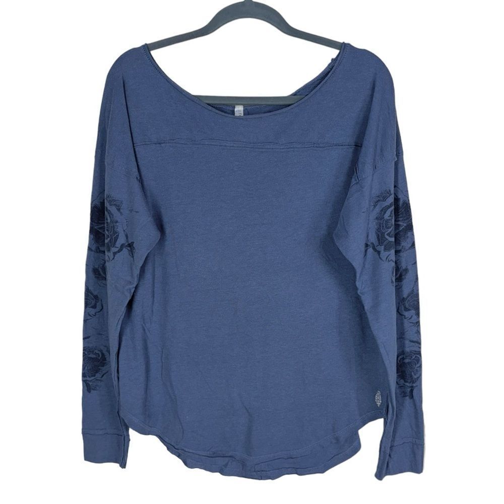 Free People FP Movement Floral Top Bohemian Raw Edge Oversized Layer Blue M